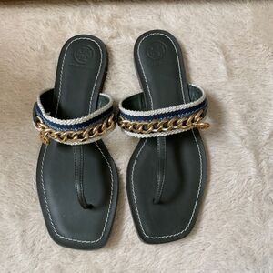 Tory Burch Mini Benton Gold Chain Band Sandal Poblano Green Blue Yonder